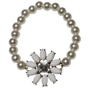 Vintage Faux Pearl Bead Bracelet Rhinestone Floral Centerpiece Fashion Jewelry